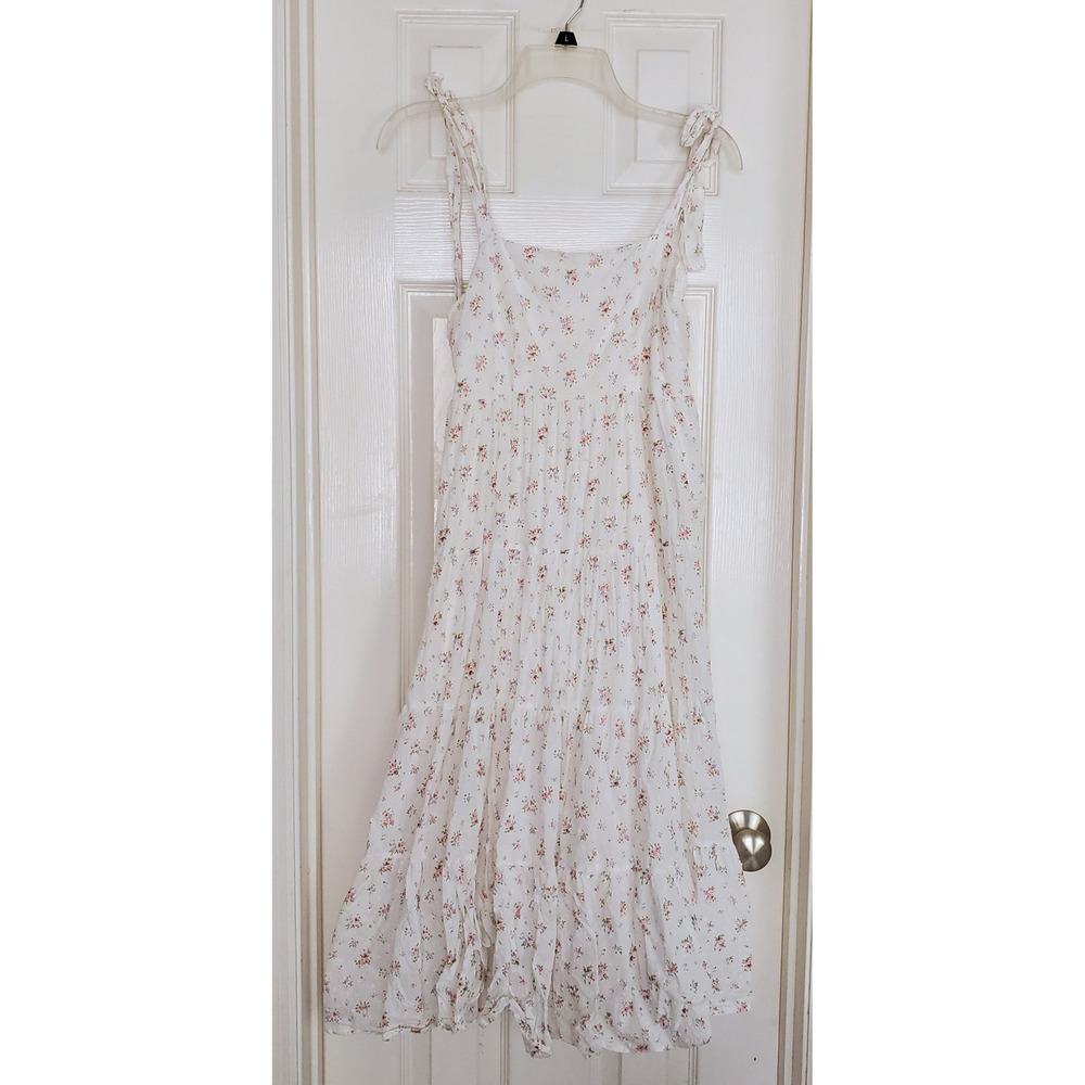 Storia Floral Tiered Midi Dress Womens Small White Excellent Tie Shoulder - Picture 2 of 9